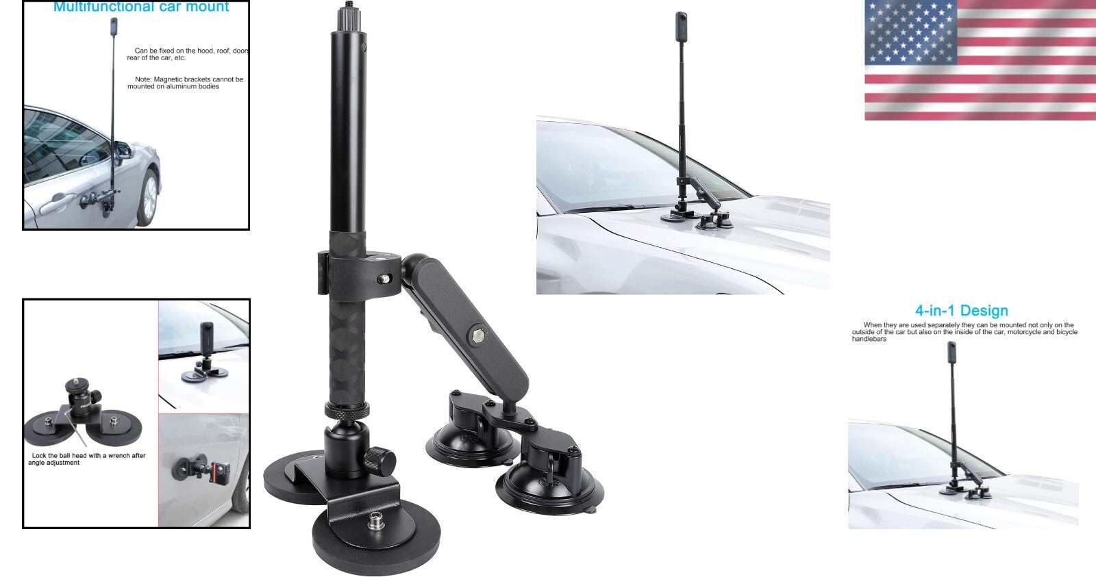 Heavy-Duty Insta360 Car Mount with 114cm Invisible Selfie Stick - 4-in-1 Design