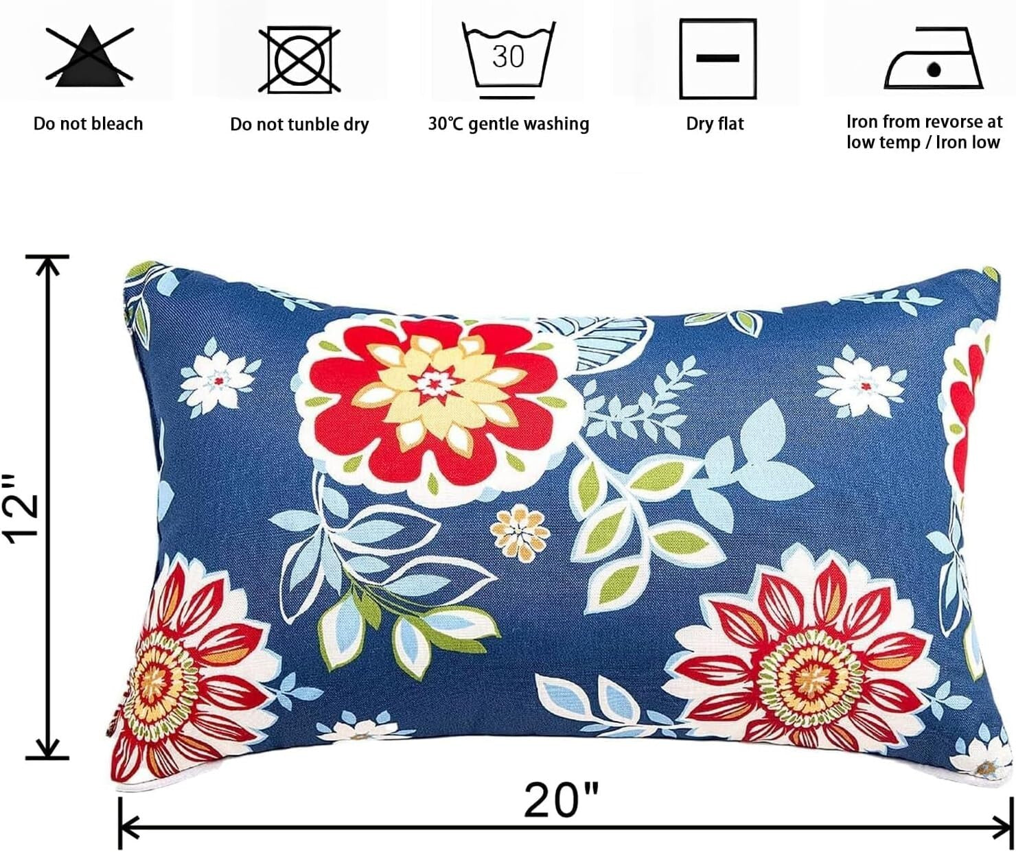 Decorative Outdoor Lumbar Pillows - Set of 2, 12x20 Inches, Big Blue Flower