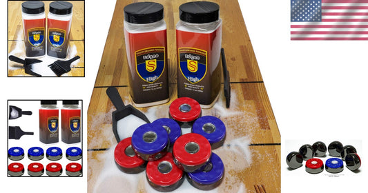 All-in-One Shuffleboard Accessories Set: 8 Chrome Pucks, Wax and Cleaning Tools