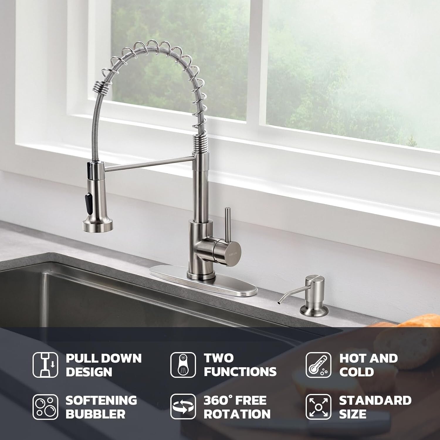 Dual Function Brushed Nickel Kitchen Faucet & Soap Dispenser - Modern Style