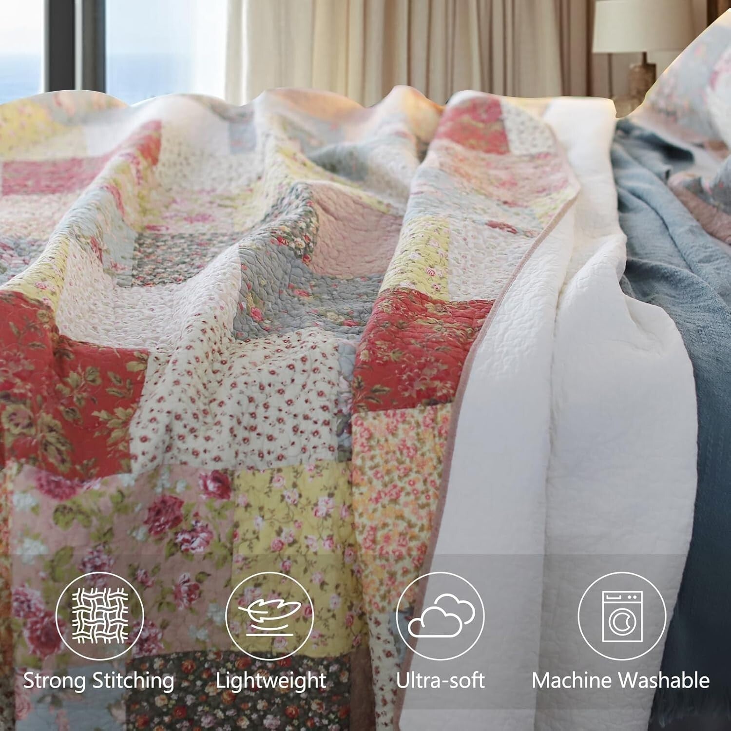 Machine Washable 100% Cotton King Quilt – Luxury Boho Floral Design 110x96"