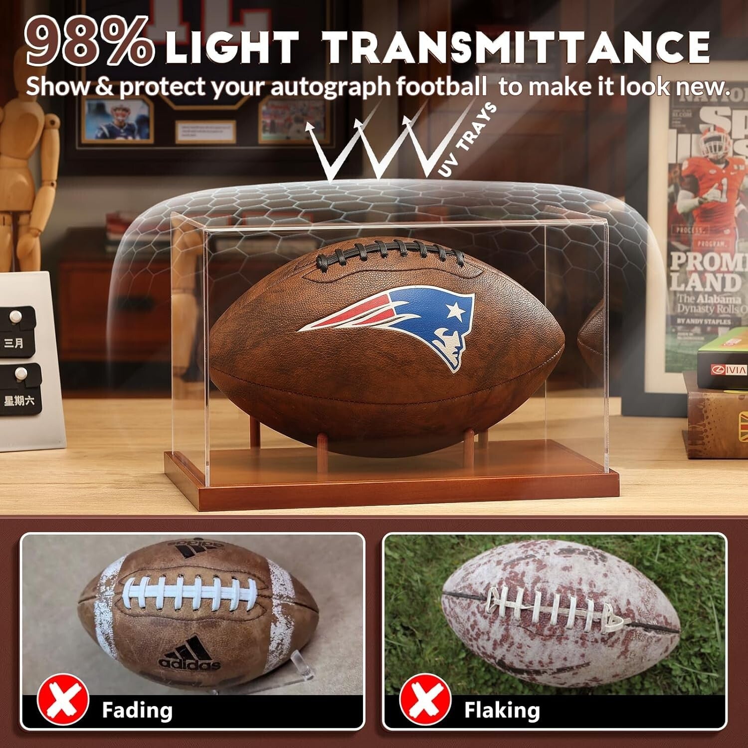 Premium Acrylic Football Display Case with Wood Stand - No Assembly Required