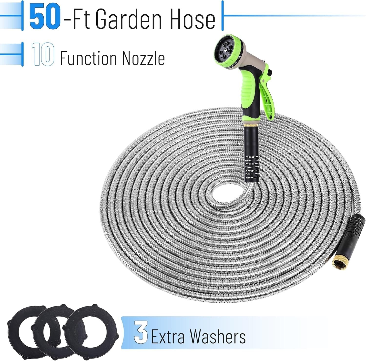 Durable 50-Ft Stainless Steel Garden Hose with Tangle-Free 10-Function Nozzle