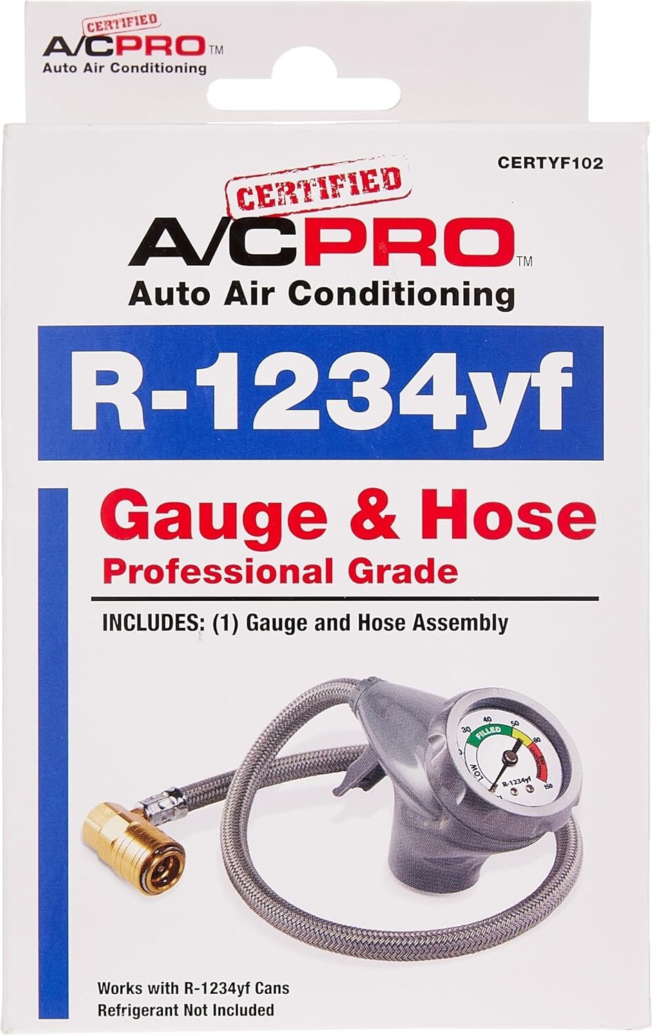 AC Pro Car Air Conditioner Recharge Kit - R1234YF Gauge & Quick-Connect Hose