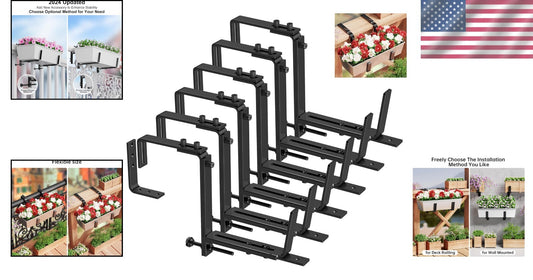 6 Adjustable Planter Box Brackets – Heavy Duty Wall & Railing Mounts, Black