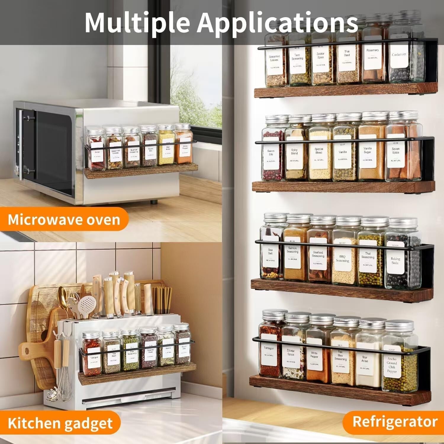 Polished Magnetic Spice Rack Set with 24 Glass Jars and Funnel - Modern Storage
