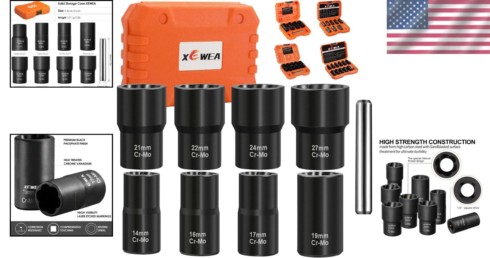 9PCS Professional Lug Nut Extractor Set - 1/2" Drive Bolt Removal Tool