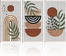 Load image into Gallery viewer, Mid Century Modern Hollow Wooden Wall Art Set - Sun, Moon, Plant Decor (32"x16")