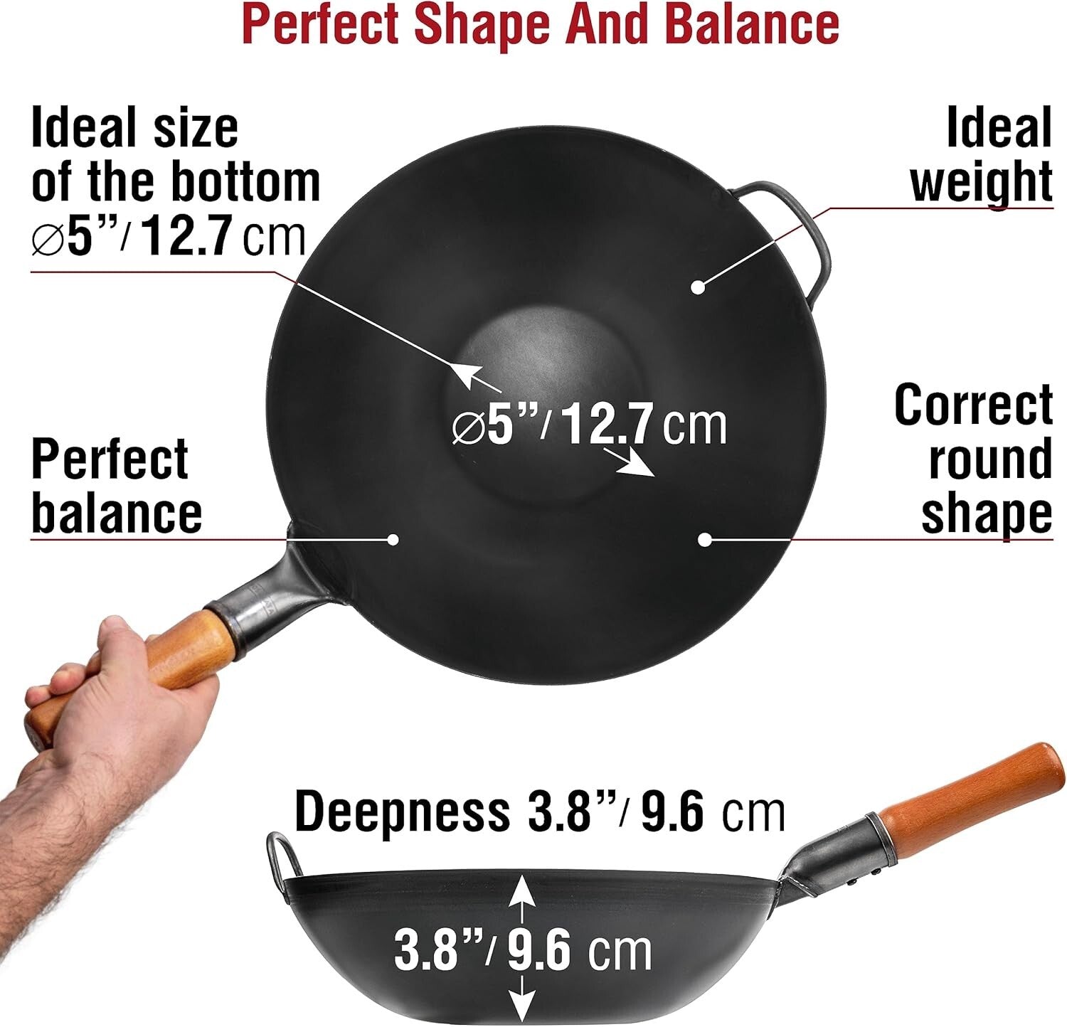 Authentic Carbon Steel Wok - 13.5” Stir Fry Pan for All Stovetops & Outdoor BBQ