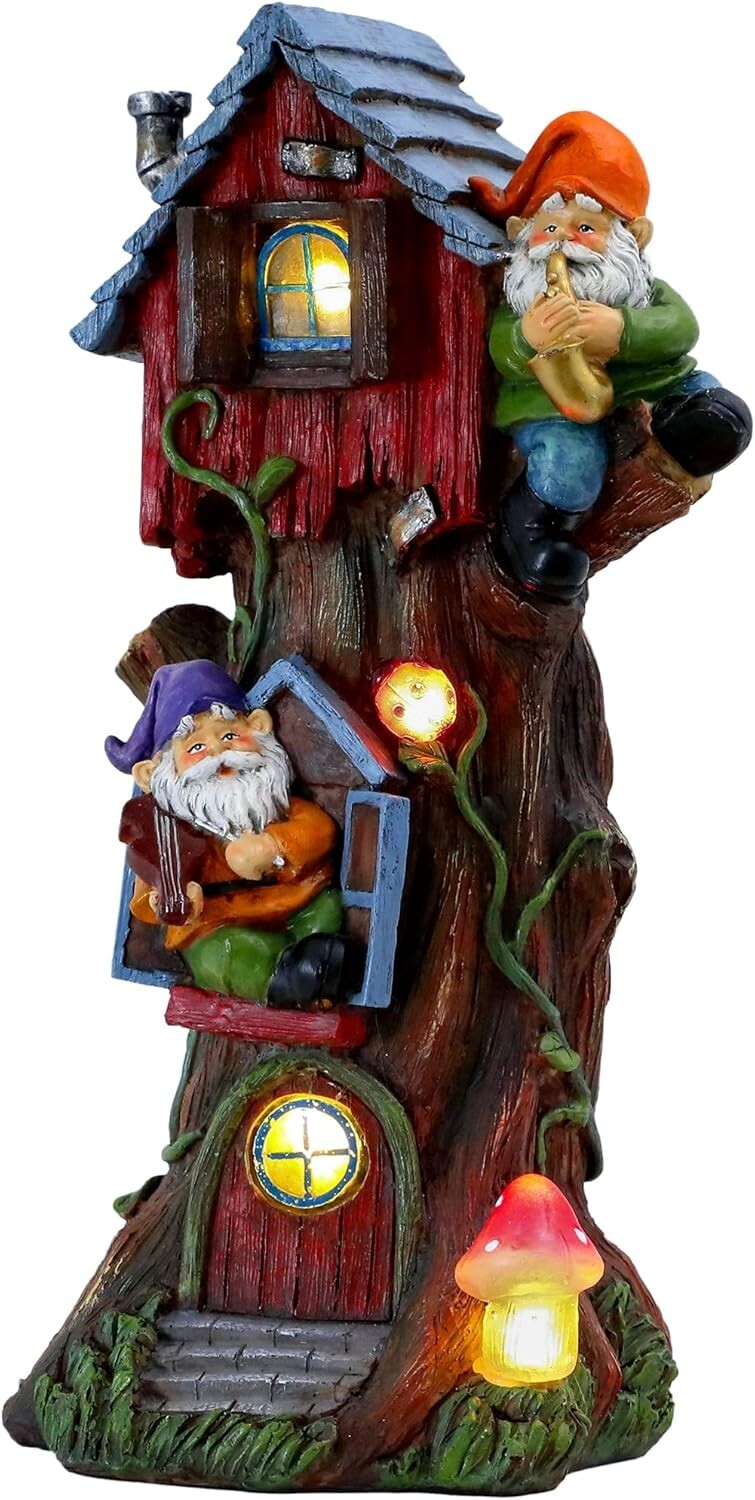 Charming 11" Gnome Treehouse with Solar Light - Perfect Garden Figurine Ornament