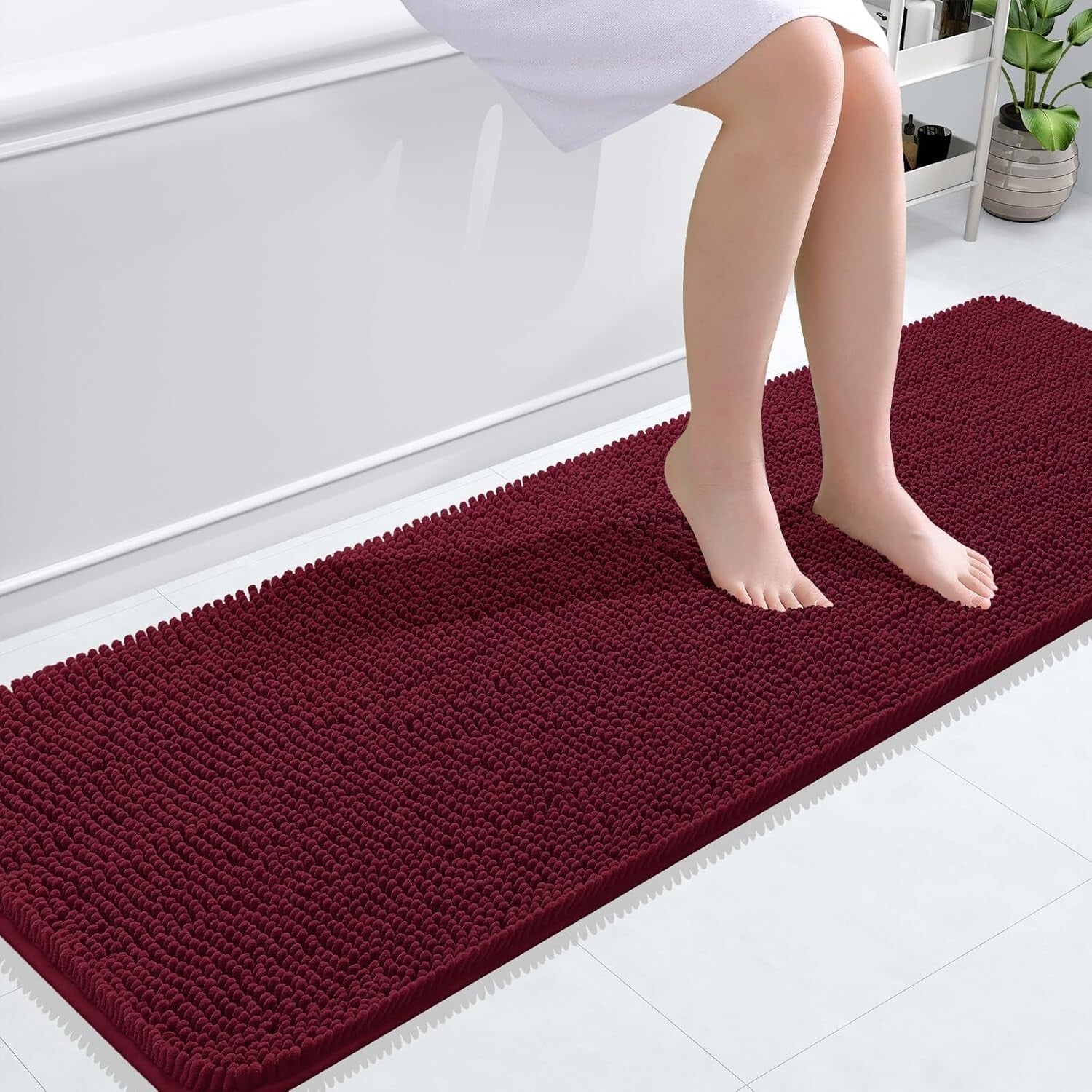 Burgundy Chenille Bath Mat 59x20 - Ultra Absorbent & Non-Slip Rubber Backing