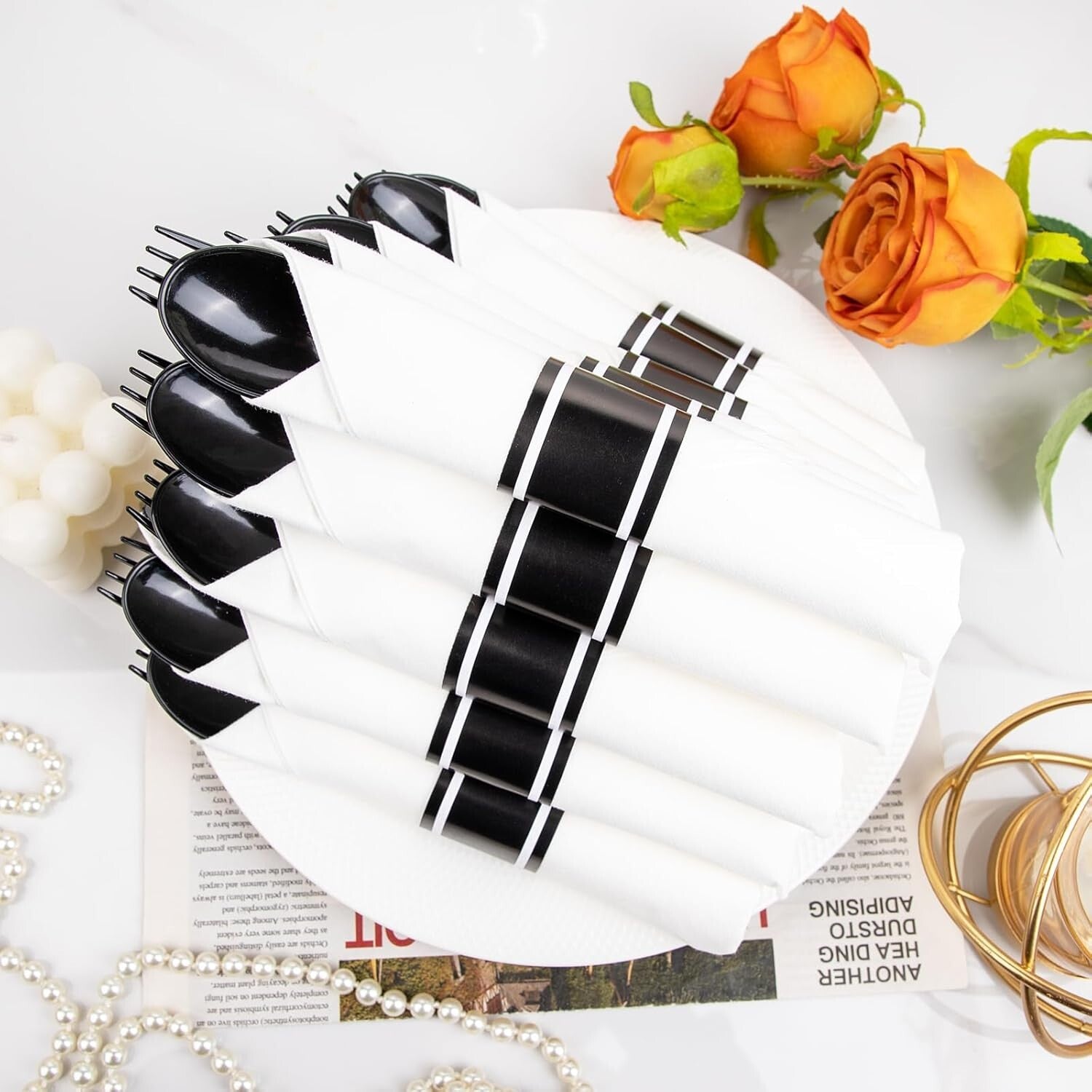 60-Pack Heavy Duty Pre-Wrapped Black Plastic Cutlery with Napkins - Elegant &...