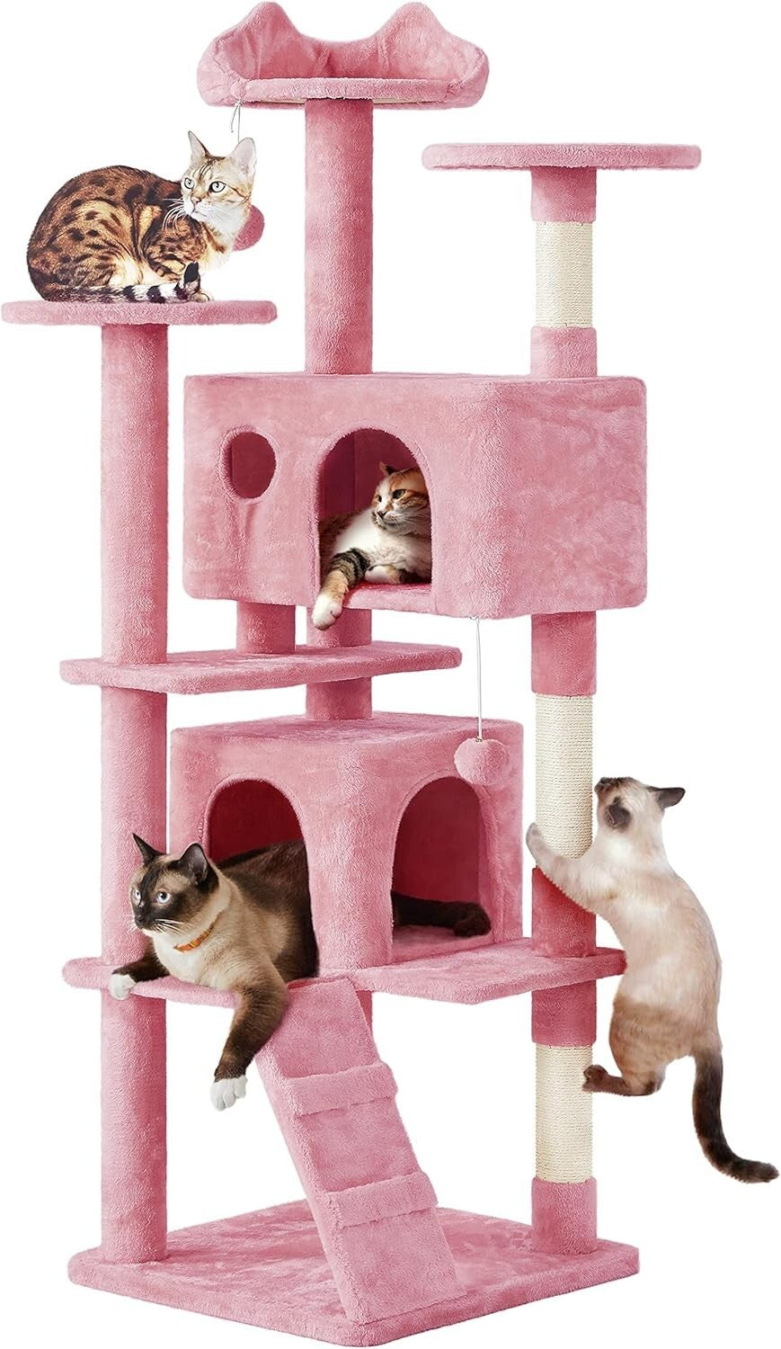 Stylish Multi-Level Cat Tree with Condos and Scratching Posts - 70in Pink