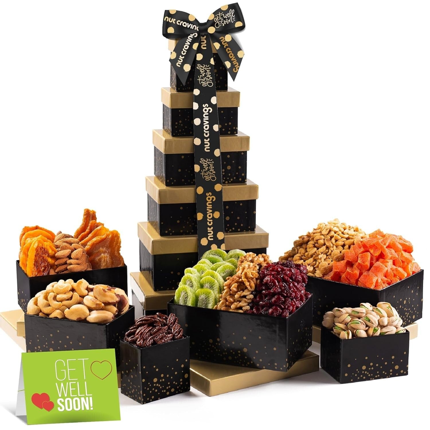 Elegant 12-Variety Snack Tower Gift Basket with Get Well Soon Ribbon - Kosher