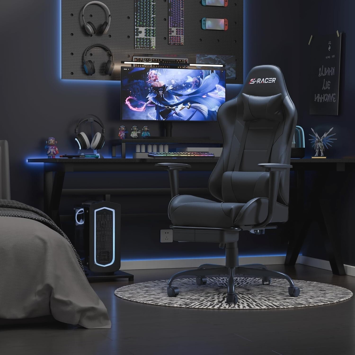 Adjustable Height Gaming Chair with Footrest & 360-Degree Swivel - Modern Black