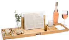 Load image into Gallery viewer, Extendable Waterproof Bamboo Bathtub Tray with Wine Glass Holder for Relaxation