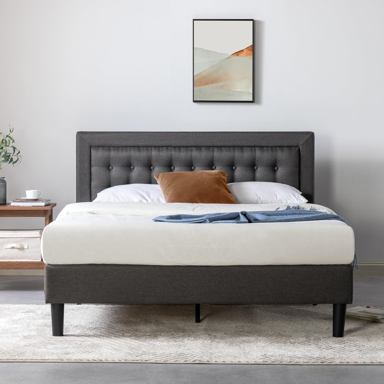 Durable California King Platform Bed Frame - Upholstered, No Box Spring Required