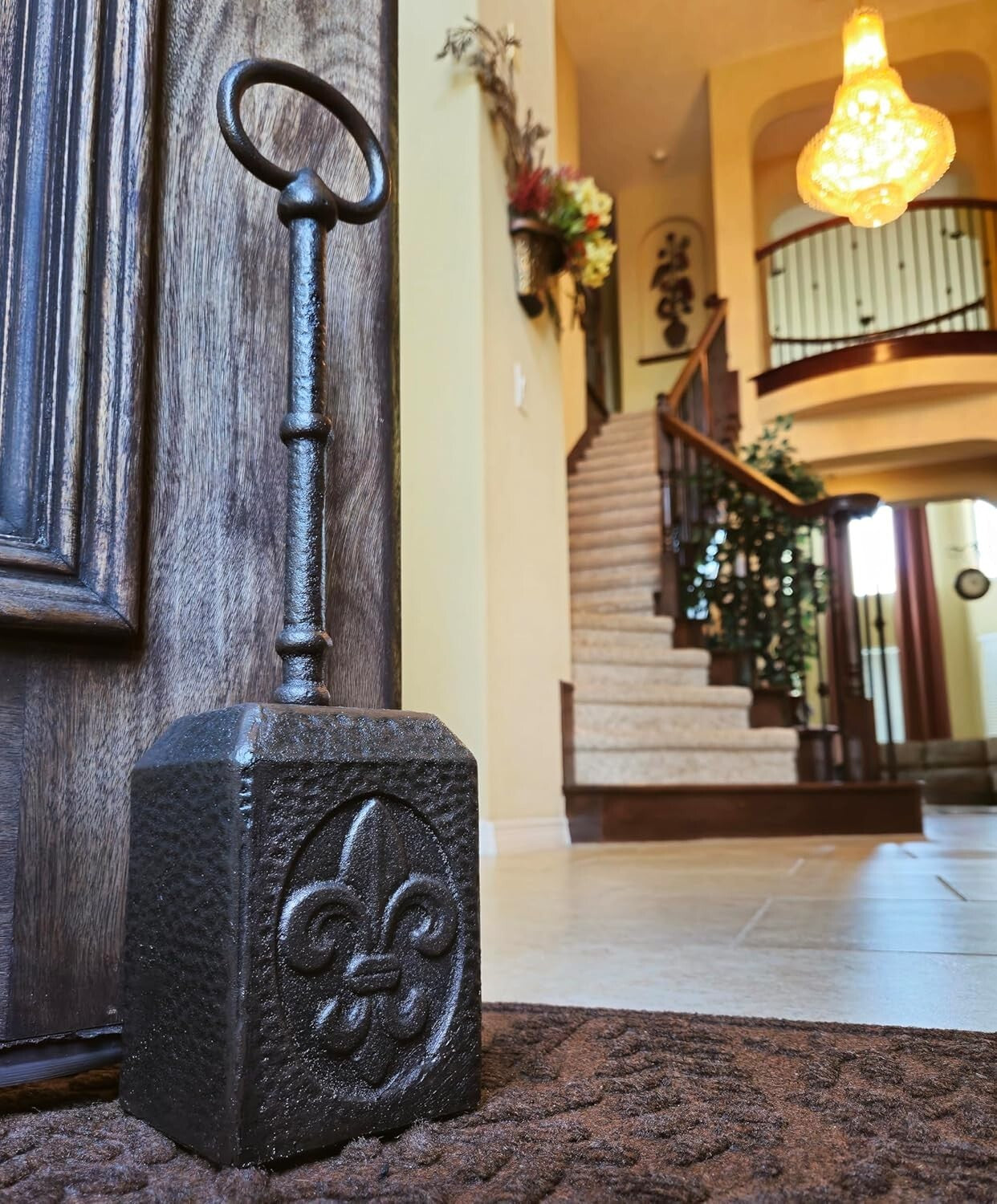 Durable Cast Iron Door Stopper with Adjustable Handle and Fleur de Lis Detailing