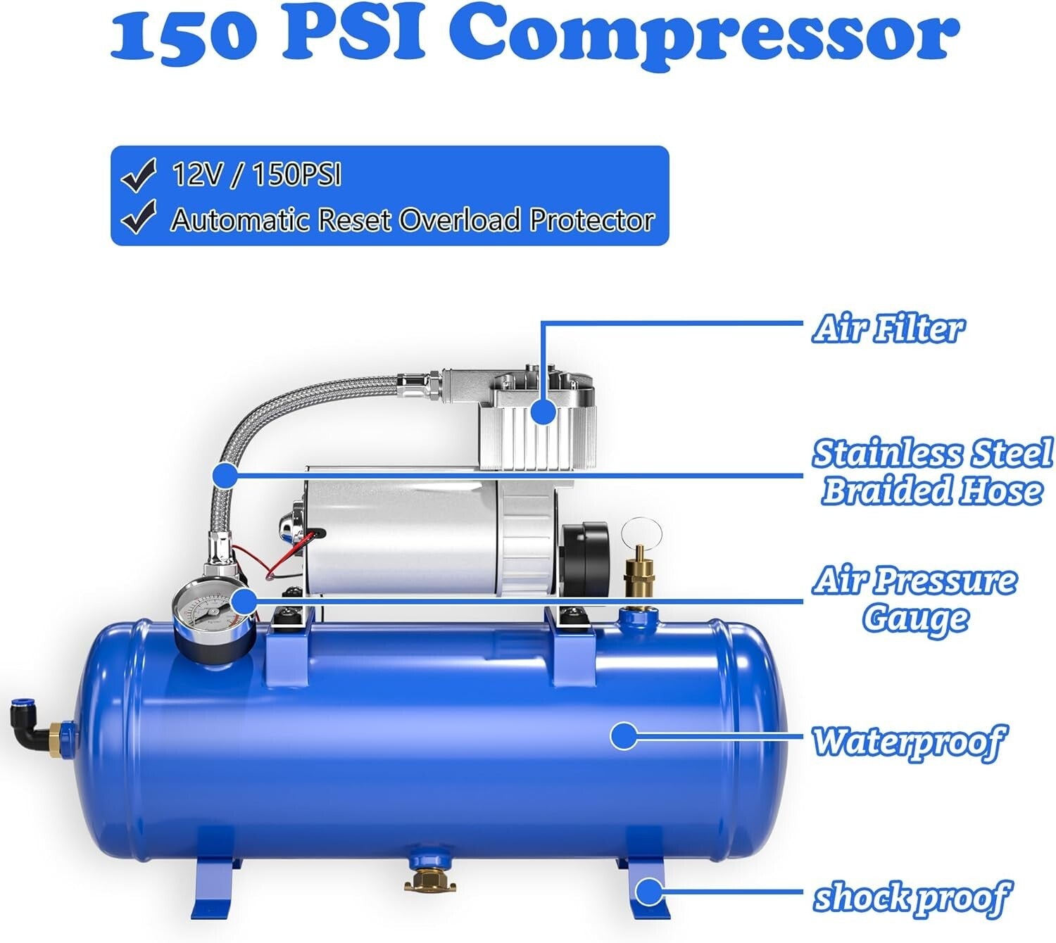 4 Trumpet Train Horn System with 150DB Sound - Portable Air Compressor Included