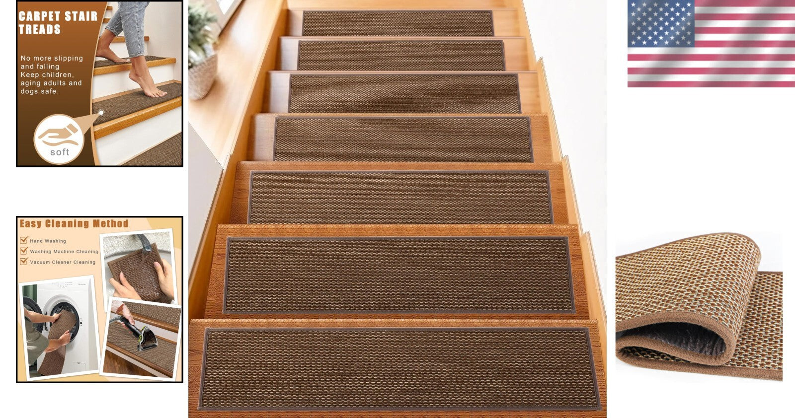 15-Pack Machine Washable Stair Treads for Wooden Steps - Brown Comfort Solution