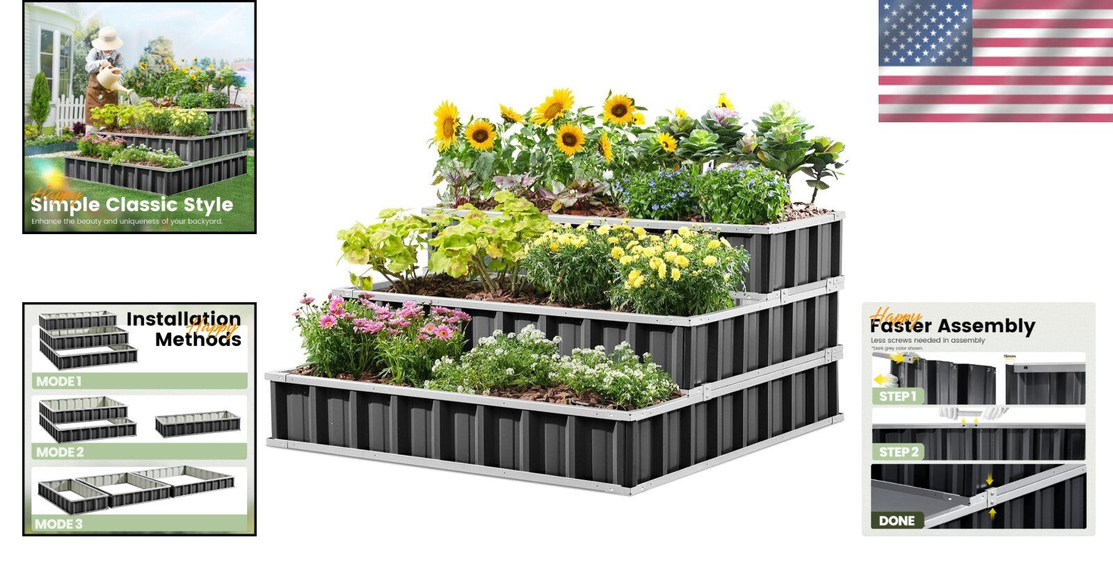 3-Tier Adjustable Raised Garden Bed - Galvanized Steel for Stylish Gardening