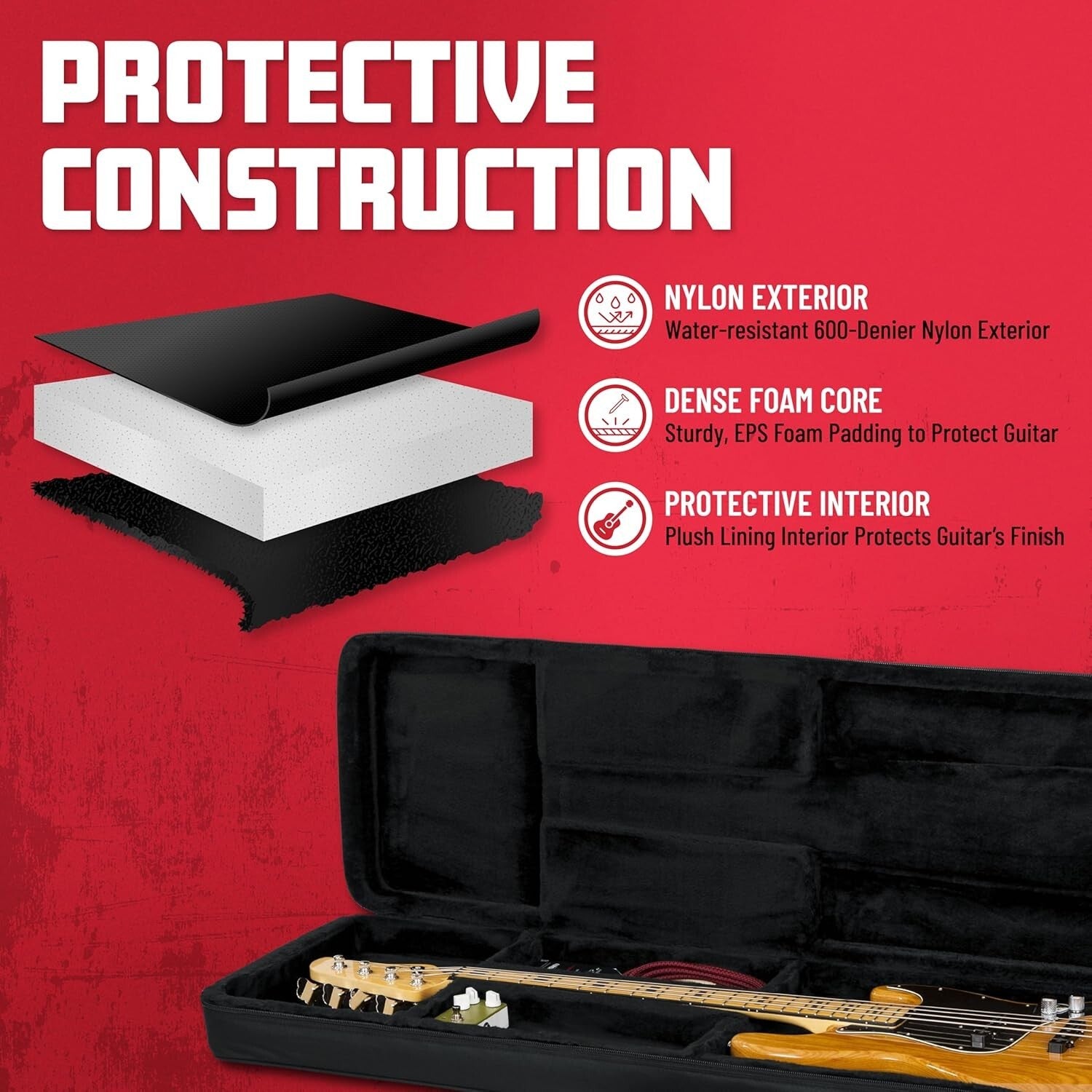 High-Durability Bass Guitar Case with Plush Lining - Fits Major Models 44x16 in