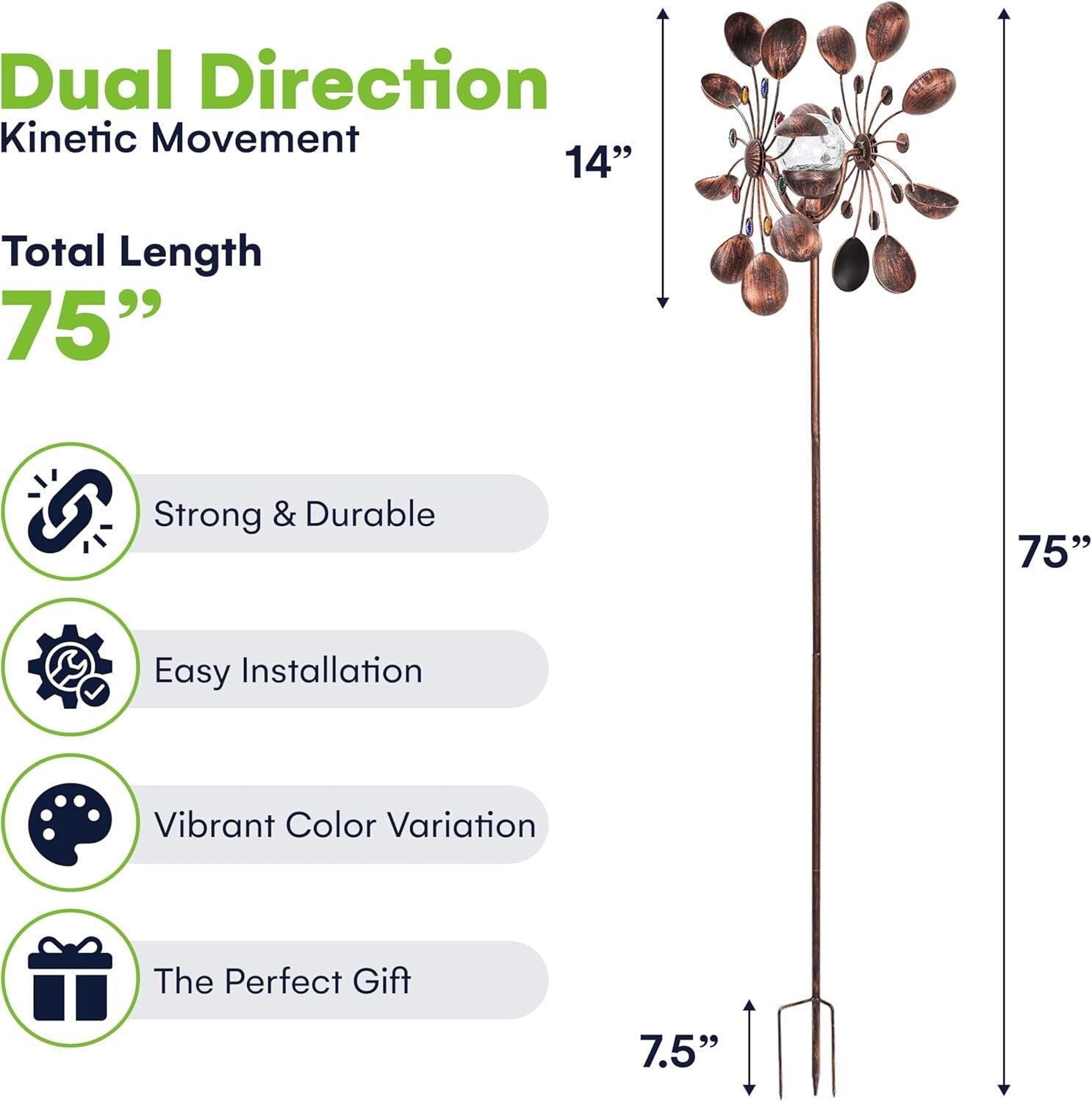 Bronze Solar Wind Spinner - 75-Inch Kinetic Sculpture with Color-Changing LED