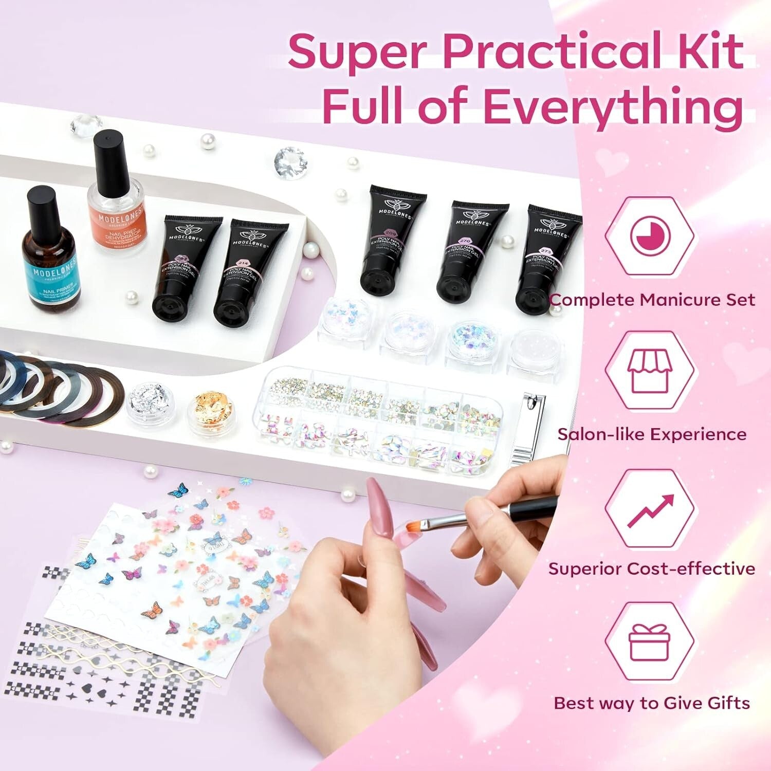 Complete 8 Rosy Pink Poly Nail Gel Kit with 48W UV/LED Lamp - Perfect Home Ma...