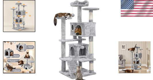 54in Multi-Level Cat Tree with Condos & Scratching Posts - Light Gray Playground