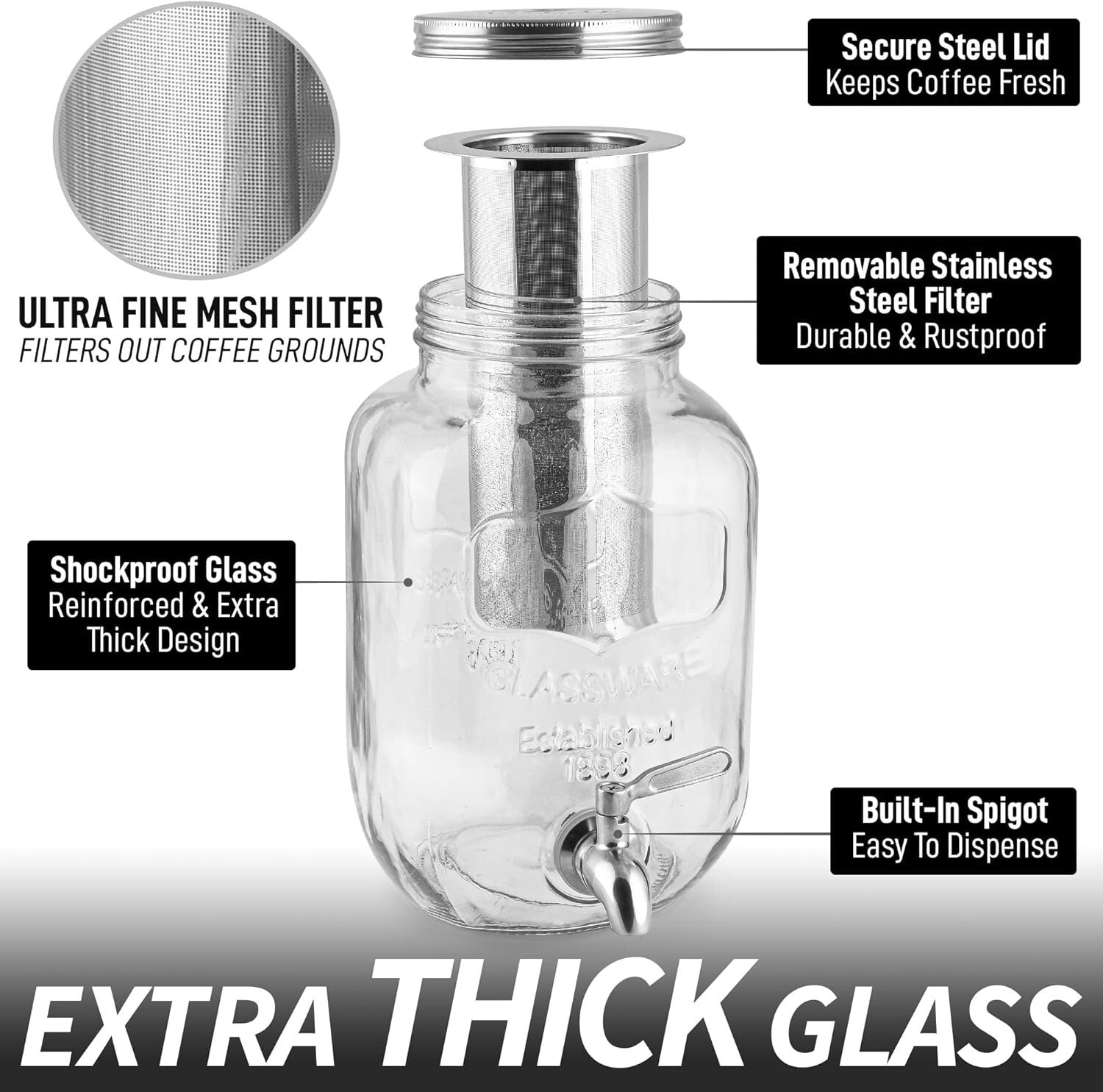 Durable Iced Tea & Cold Brew Maker - 1 Gallon Glass Pitcher with Airtight Lid