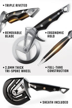 Load image into Gallery viewer, Professional Stainless Steel Pizza Cutter with Safety Thumb Guard &amp; Cover