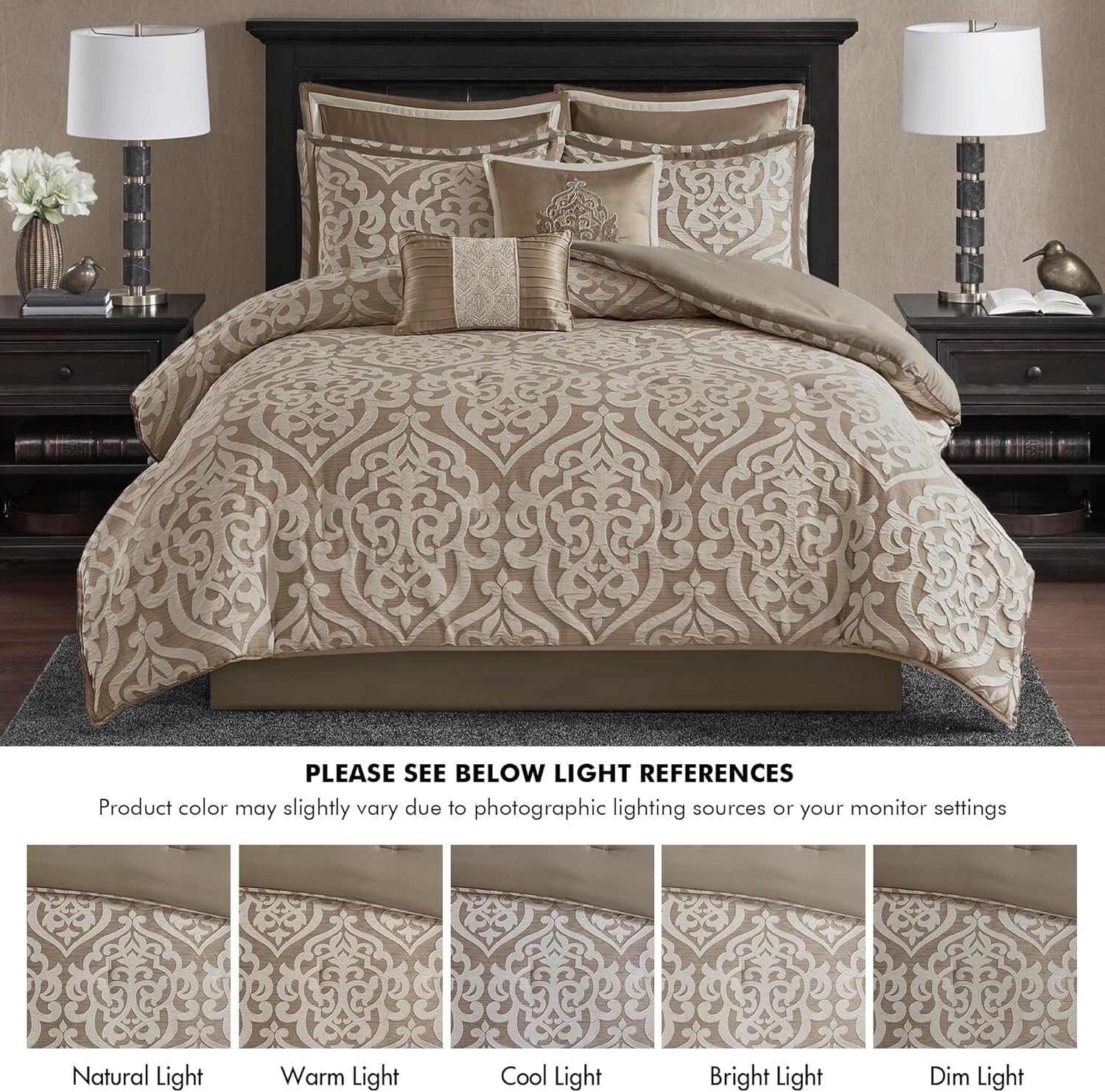 Odette 8-Piece Tan Comforter Set - Jacquard Fabric with Decorative Pillows