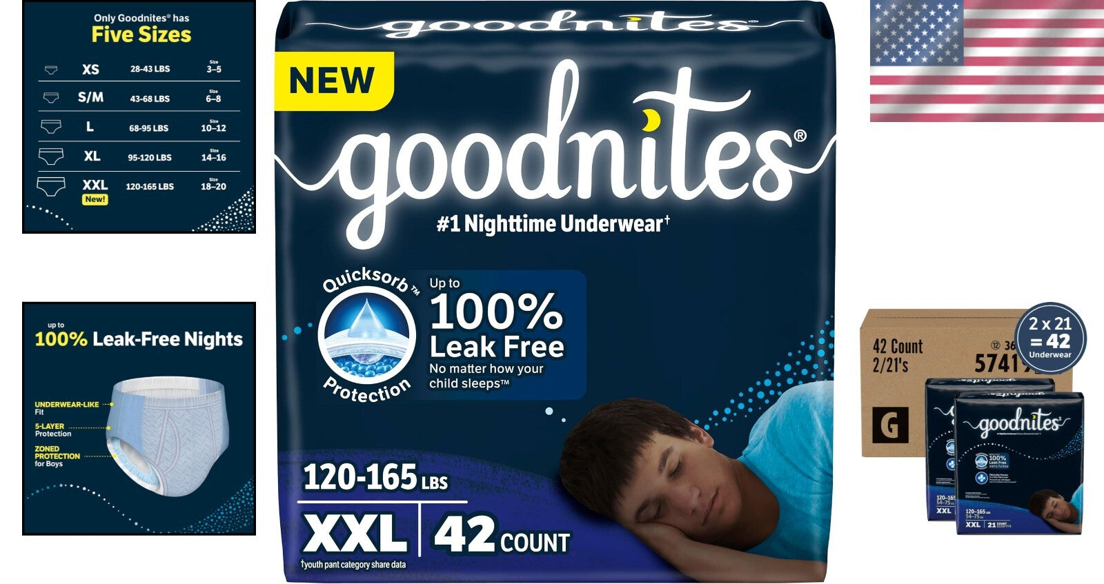 Boys' Nighttime Underwear XXL 120-165 lbs, 42 Ct - Leak-Free and Comfortable