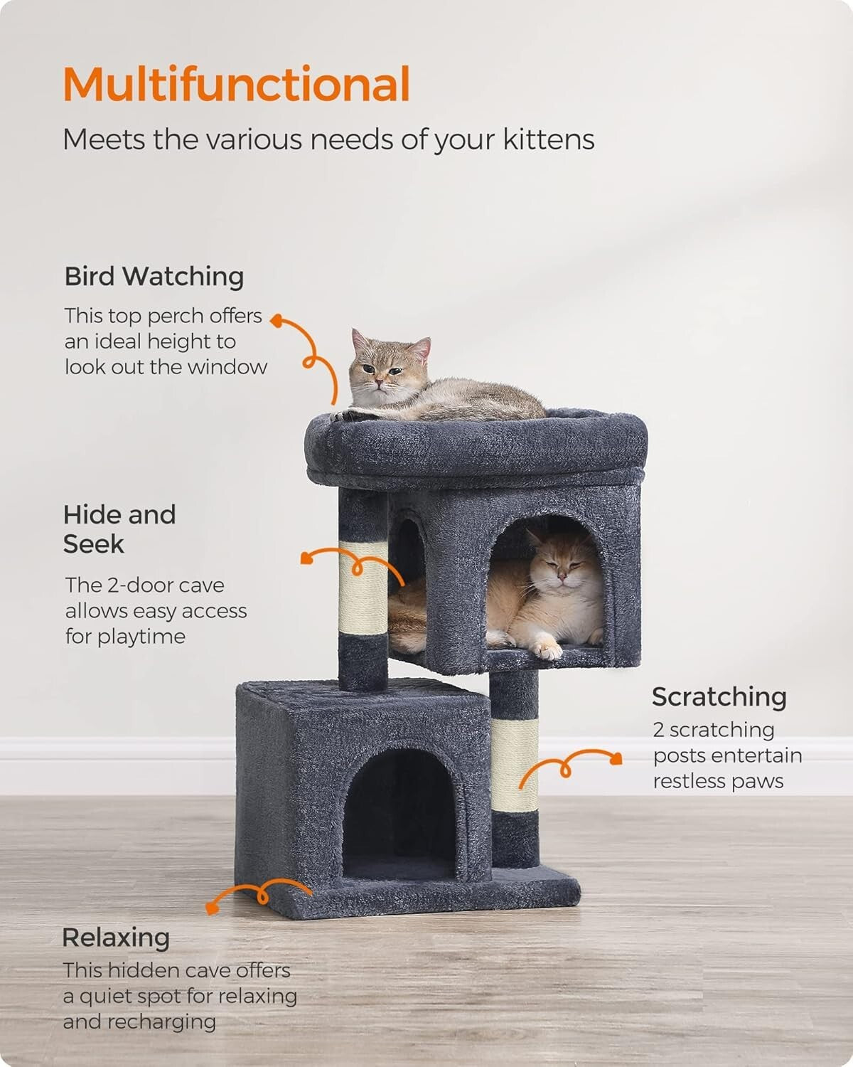 Smoky Gray 26.4-Inch Cat Tree with 2 Caves and Large Perch - Ideal for Kittens
