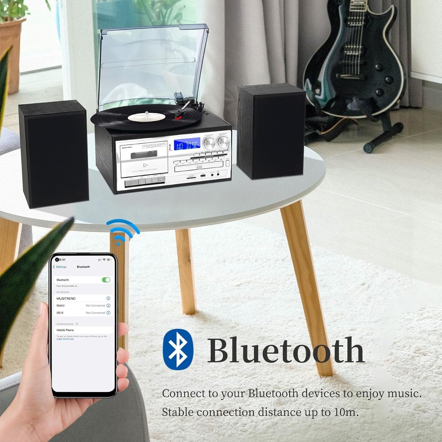 Compact Bluetooth Turntable & AM/FM Radio with External Speakers, USB/SD Options