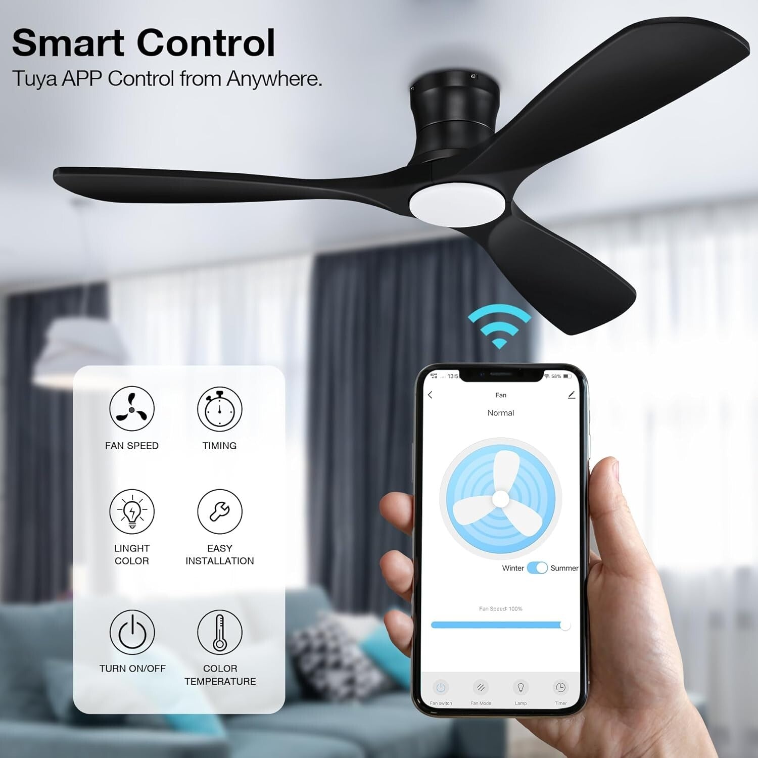 52-Inch Whisper-Quiet Ceiling Fan with Remote & Voice Control - Black Elegance