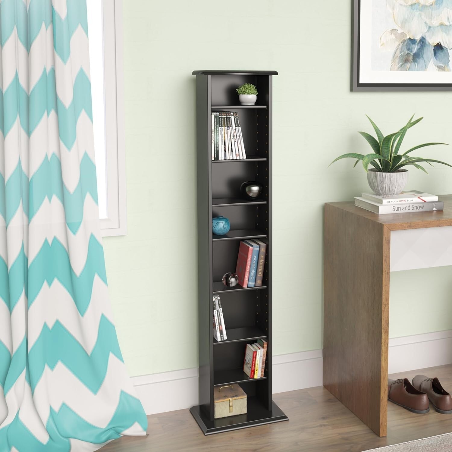Durable Black Media Cabinet with 7 Adjustable Shelves for Customized Storage