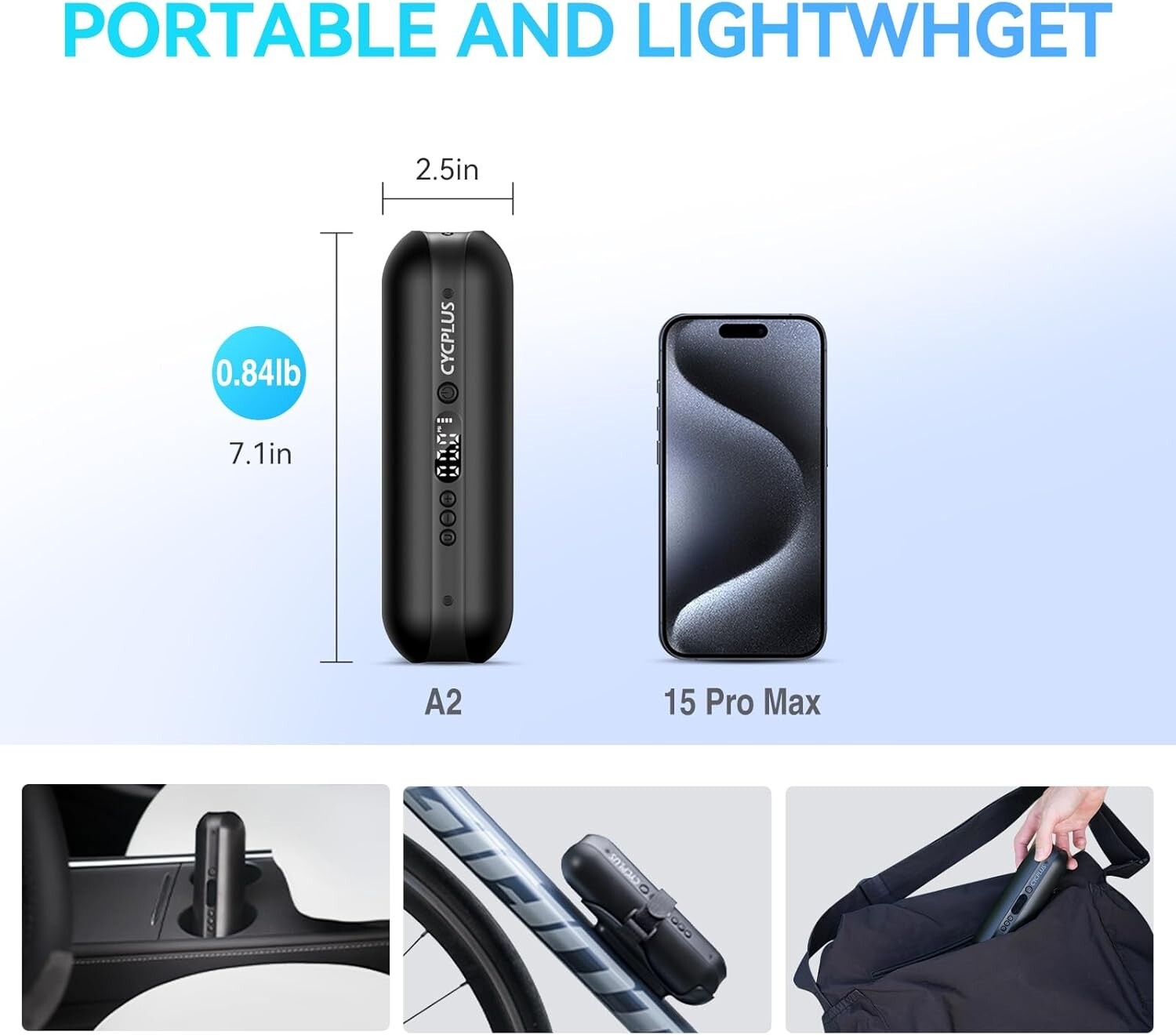 Efficient Tire Inflator with Presta & Schrader Valves - Rechargeable & Cordless