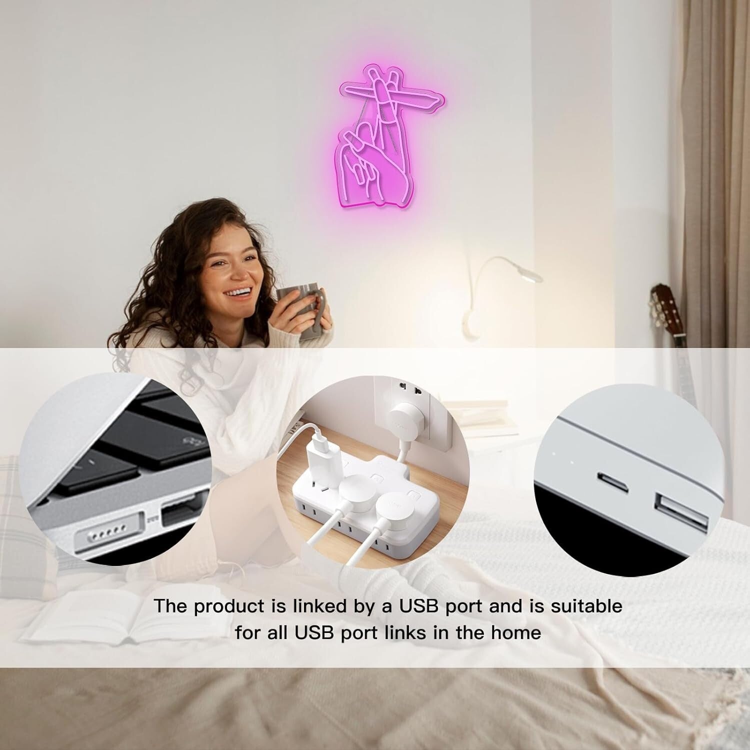 DIY Wall-Mounted Pink Hand Neon Sign with Chain and Hooks - Stylish Display