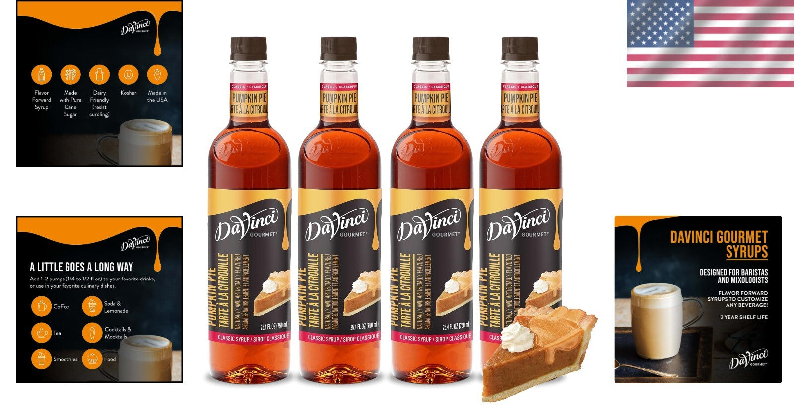 Classic Pumpkin Pie Syrup Pack of 4 - 25.4 Oz Per Bottle for Coffee & Desserts