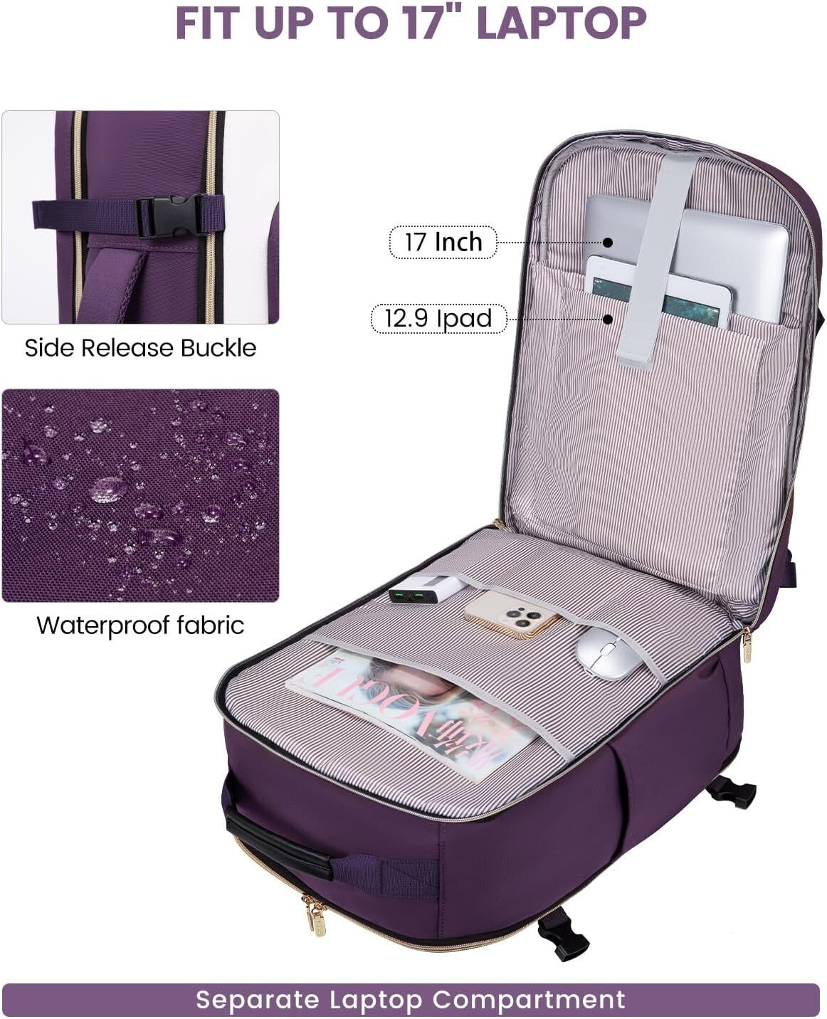 50L Airline Approved Carry On Backpack with Packing Cubes for Travel Comfort