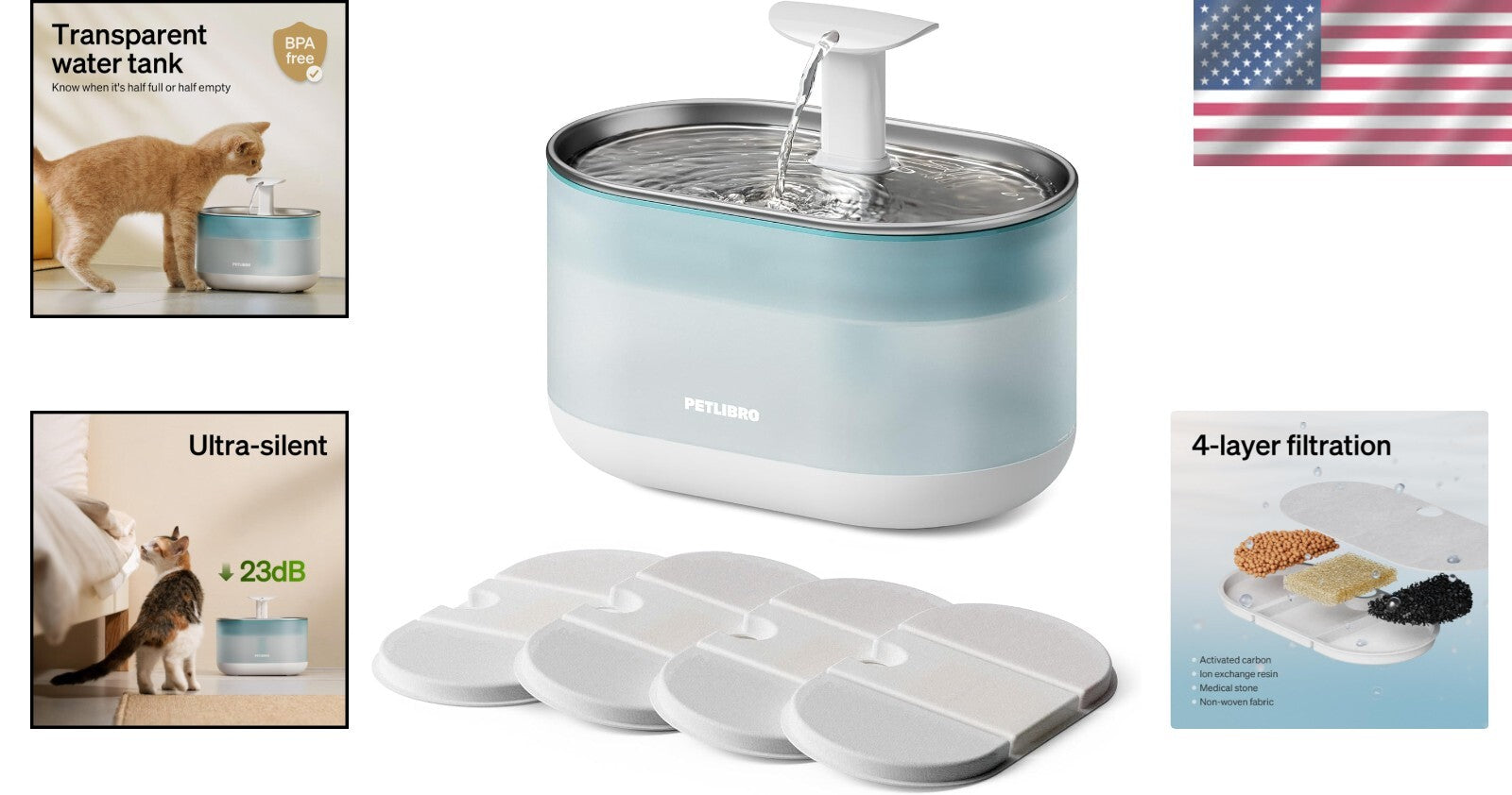 Automatic Cat Water Dispenser with 2.1L Size, Dual Flow Modes & Quiet Operation