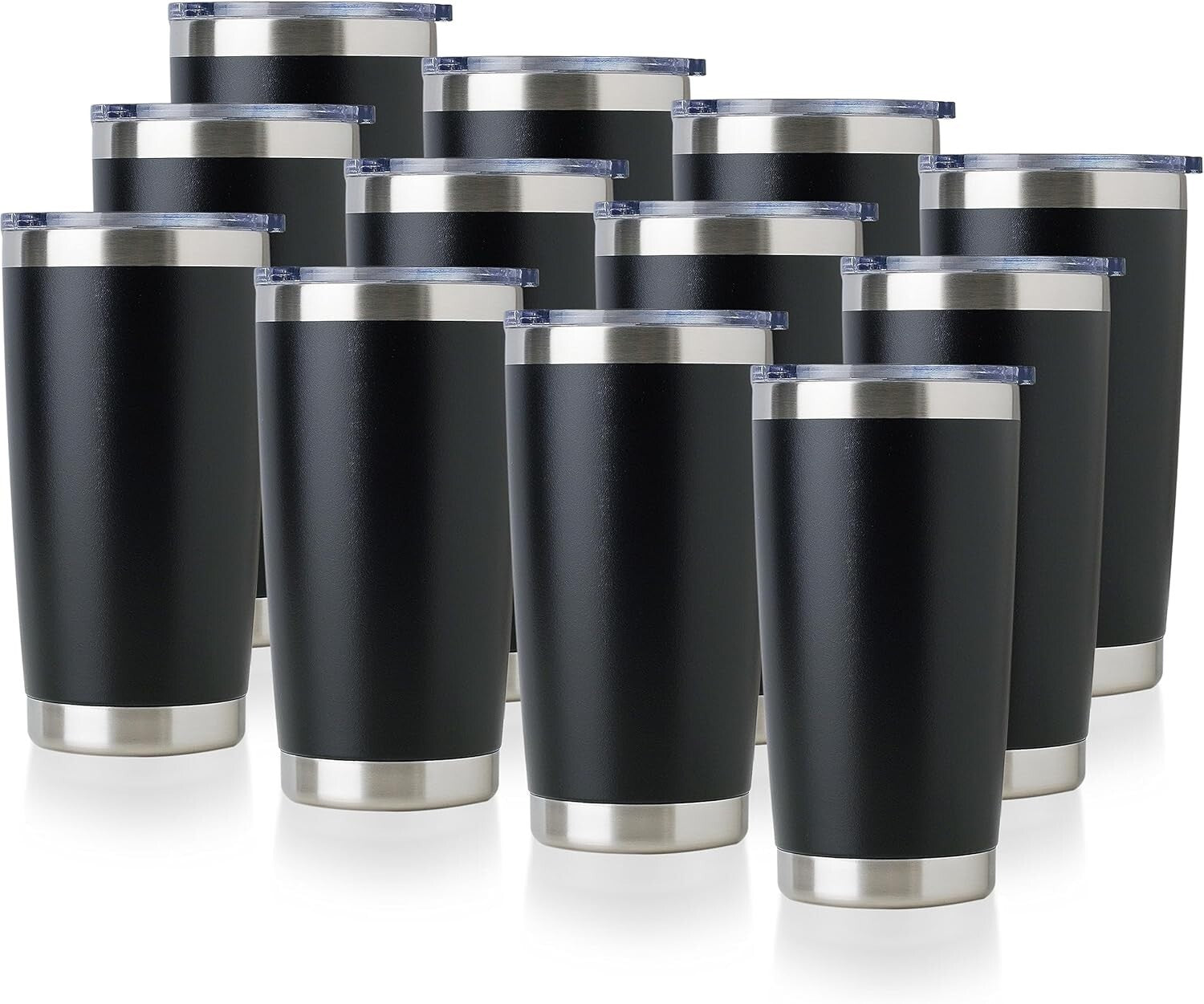 Double Wall Insulated 20oz Travel Mugs - 12 Stainless Steel Tumblers in Black