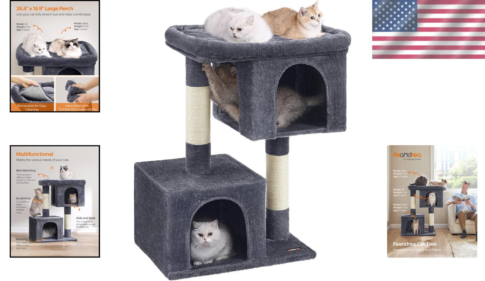 Smoky Gray 39.8" Cat Tower with Large Perch and Two Cat Caves - Stable & Durable