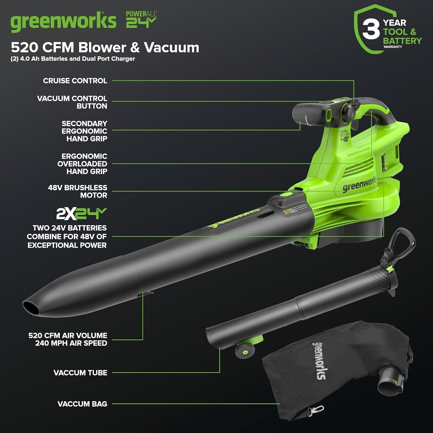 Cordless Green Leaf Blower/Vacuum - 48V Power with Adjustable Speed Control