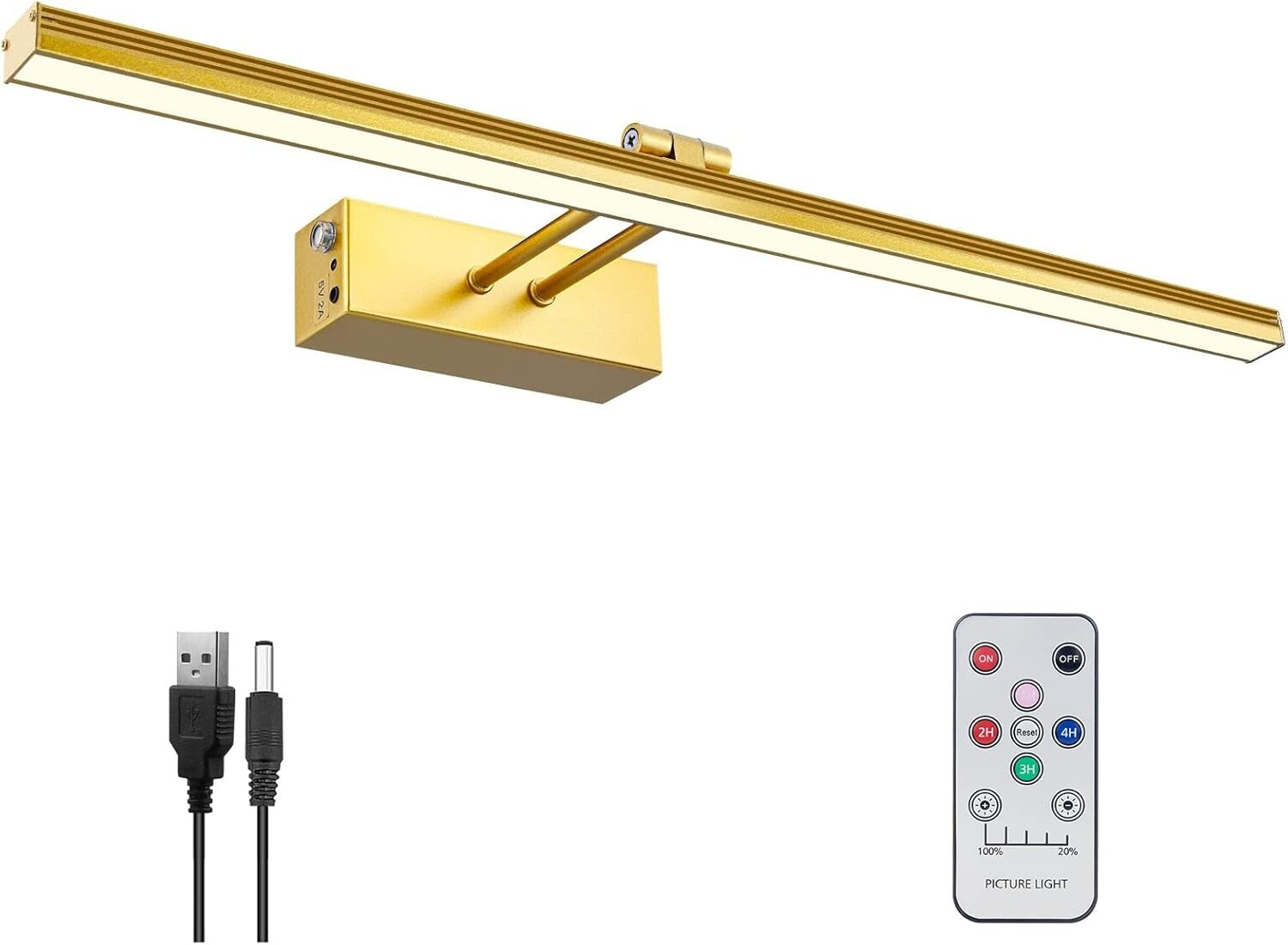 Battery-Powered 20” Gold Picture Light with Auto-Off Timer & Remote Control