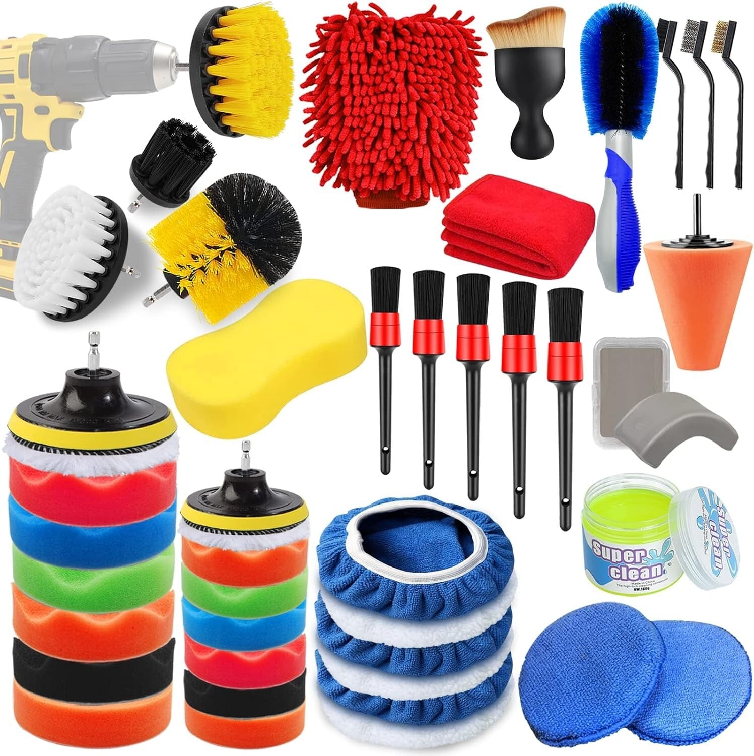46PC Car Polishing and Detailing Set - Brushes, Pads, and Accessories Included