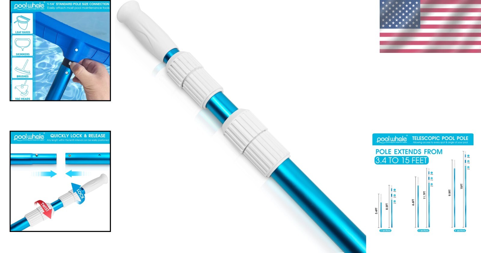 15ft Adjustable Telescopic Pool Pole - Heavy Duty Aluminum Cleaning Tool