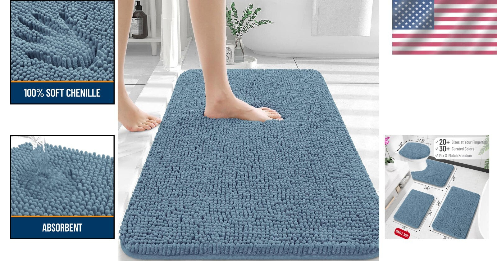 Airy Blue Chenille Bath Mat 30x20 - Plush, Absorbent & Machine Washable Beauty