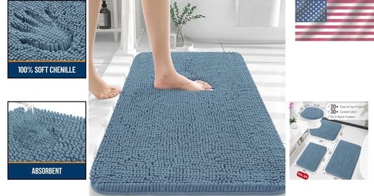 Airy Blue Chenille Bath Mat 30x20 - Plush, Absorbent & Machine Washable Beauty